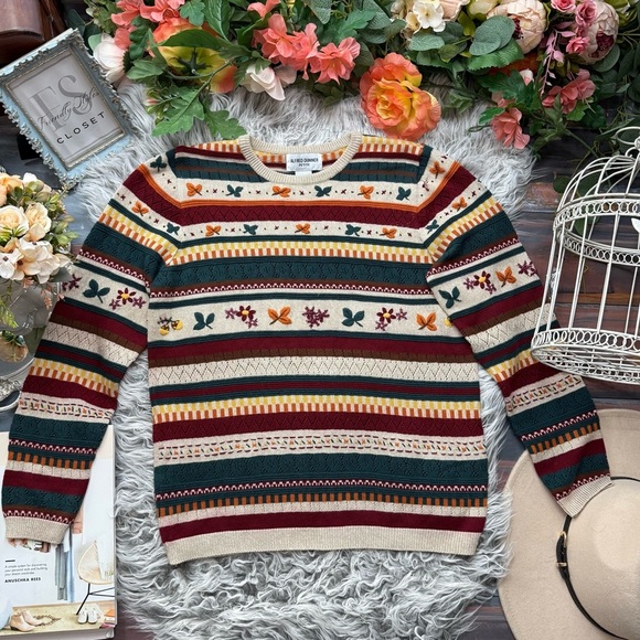 Alfred Dunner Vintage Fall Leaf Embroidered Cottagecore Knit Pullover Sweater - Picture 1 of 7
